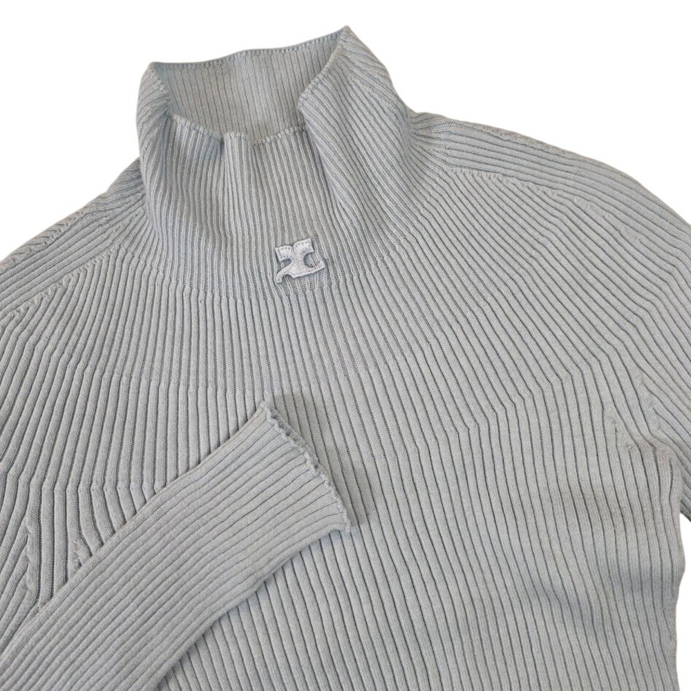Courrèges Women's S Ribbed Knit Mock Neck Sweater Light Blue Cotton Merino‎ Wool